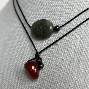 Double Tier Bohemian Blk Cord Necklace Grey Hued Quartz, Amber Agate Hematite